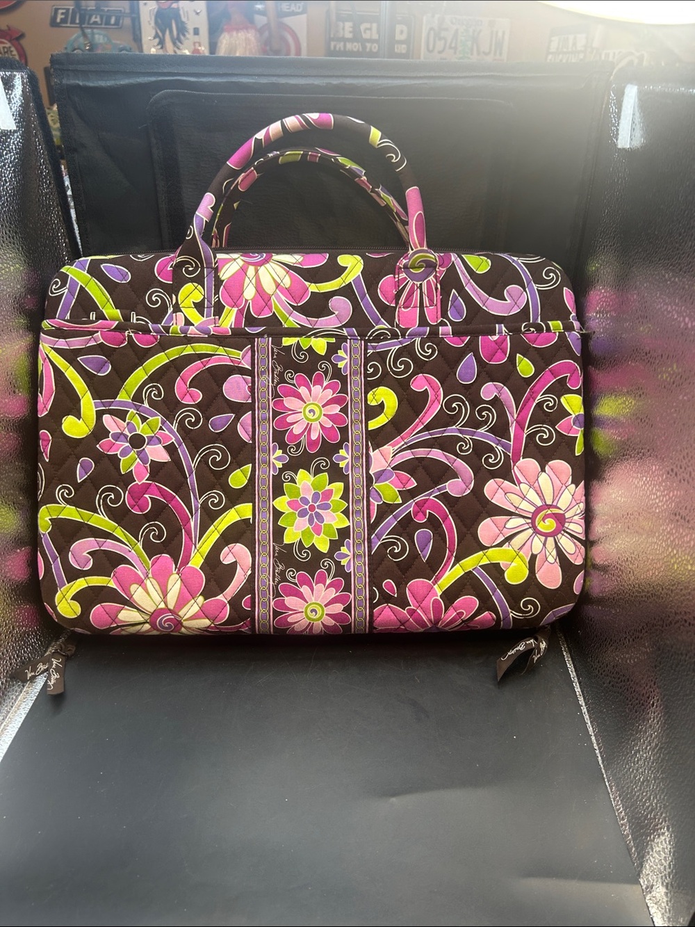 Quilted Hardshell Floral Laptop Tote Bag - Brown with Pink & Green